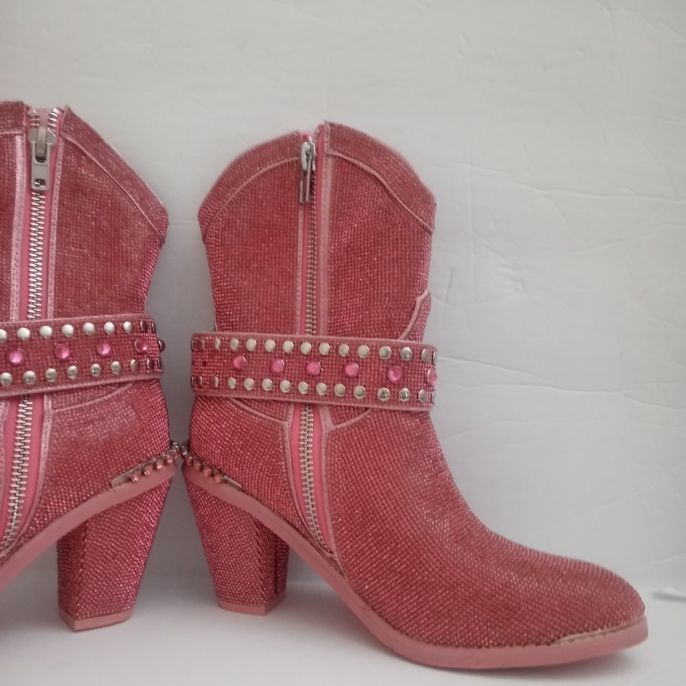 Dolls Kill sz 10M Pink Sharp Sheriff Shine Cowboy Boots ankle bootie Rhinestones - Picture 5 of 13